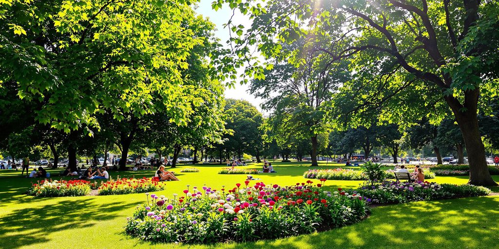 Bunte Blumen und grüne Bäume in Düsseldorfer Park.
